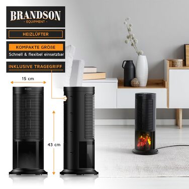 Електричний обігрівач Brandson з ефектом каміна: тихий, енергоефективний, з дистанційним керуванням, таймером, для ванної, вітальні, офісу, дитячої кімнати (чорний)