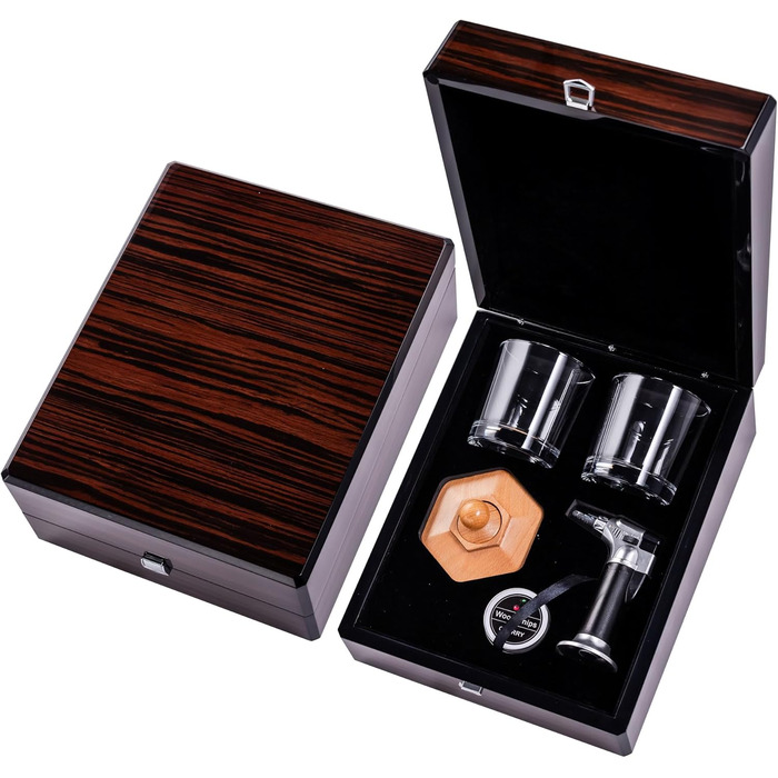 Преміум дерев'яний бокс для віскі з набором для копчення, ліхтарик, тріски, 2 склянки, набір для копчення коктейлів, подарунок для чоловіків, віскі, бурбон, День батька, ідеї подарунків на день народження