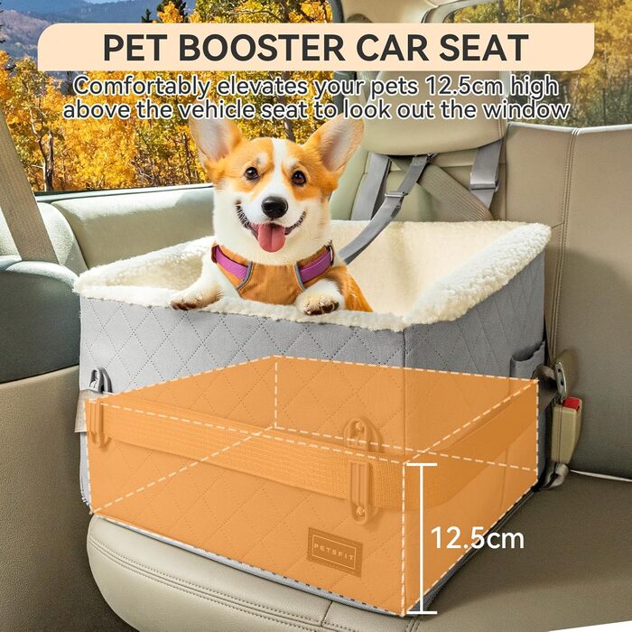 Автомобільний лежак для собак PETFIT - піднятий на 12.5 см, з патентованою системою безпеки, знімний чохол, для собак до 12 кг, біля пасажирського сидіння та на задньому сидінні (Світло-сірий, S)