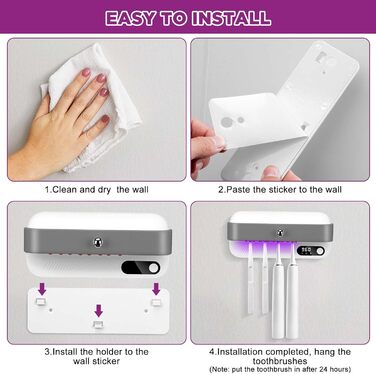 Bestcool Toothbrush Holder Wall Mount, UV Toothbrush Sterilizer with 4 Brush Slots, UVC Sterilization & Drying Electric Toothbrush Holder for Baby & Family, Bathroom Organizer