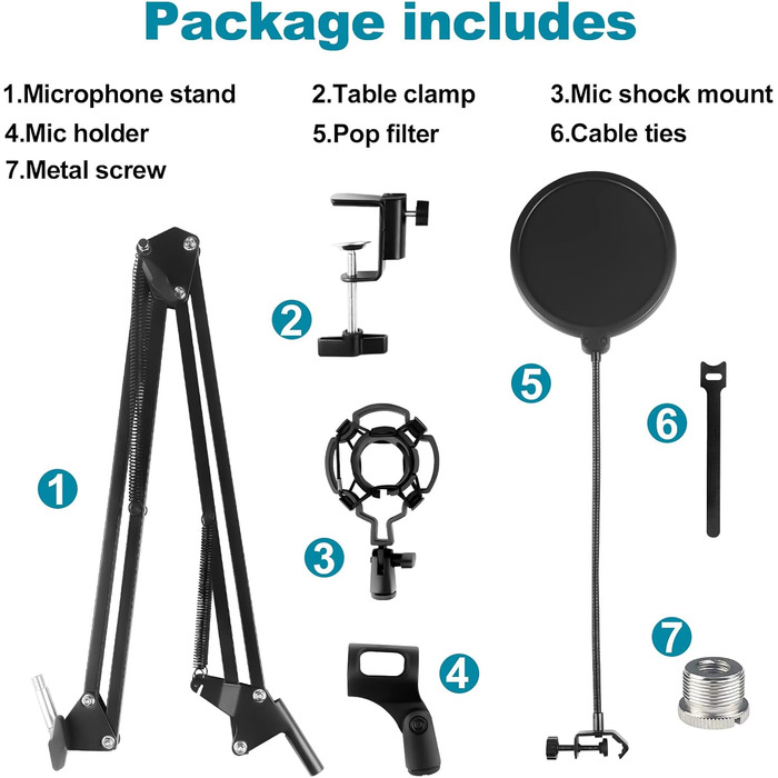 Кріплення для мікрофона на кронштейні, регульоване, чорне, з амортизатором, поп-фільтром, 5 кабельних стяжок. Підходить для запису, подкастів, телевізійних студій
