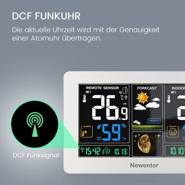 Newentor Weather Station Radio with 3 Outdoor Sensors - Radio Weather Station with Weather Forecast, Temperature Warning, DCF Radio Clock - Battery Powered and Mains Powered, White 1*Station + 3*Outdoor Sensor White