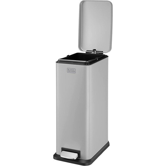 Відро для сміття BLACK+DECKER з м'яким закриттям кришки, нержавіюча сталь, 30 x 14 x 29 см, сірий колір, 20 л, прямокутна форма
