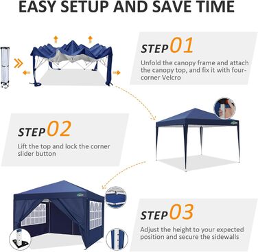 COBIZI Pop-up Pavilion 3x3, Folding Pavilion 3x3 Waterproof, Stable, Winterproof |8x Pegs|4x Wind Rope|UV Protection 50+|High-Density Tarpaulin| Pavilion Folding 3x3m Party Tent Folding Pavilion 3x3 Garden Pavilion (Navy Blue, 3x3m with 4 Side Walls)