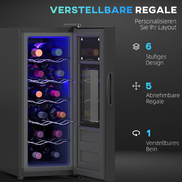 HOMCOM 12-Bottle Wine Refrigerator 30L 8-18℃ Thermoelectric Double-Layered Bottle Cooler with Glass Door, Beverage Cooler with LED Light, Small Wine Cabinet with Touch Screen Black | Aosom