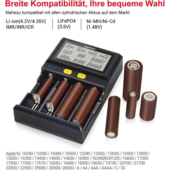 Зарядний пристрій для акумуляторів 18650 з 4 слотами, LCD-дисплеєм, для Li-Ion, LiFePO4, NI-MH, NI-Cd, AA, AAA, C, 18350, 18500, 18700, 20700, 21700, 26650, RCR123