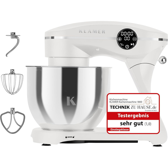 KLAMER 1800W Stand Mixer - Stainless Steel Bowl 6L, 10 Speed Settings, Timer, Planetary Mixing, Dough Hook, Whisk & Beater - White