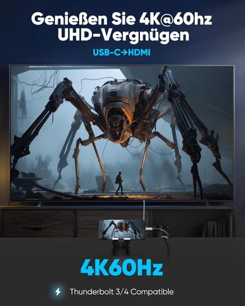 Кабель USB C на HDMI Highwings 4K@60Hz 1.8м (сірий), сумісний з iPhone, MacBook, iPad, Surface, Galaxy