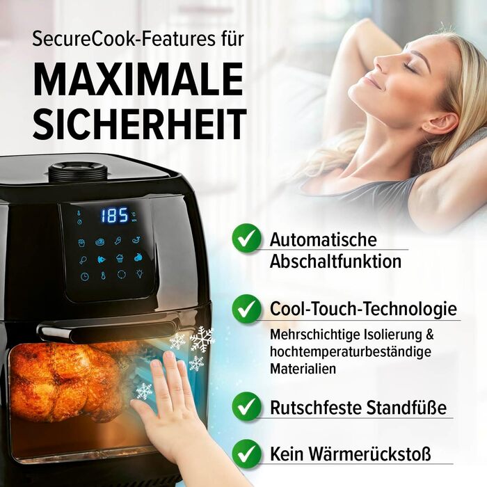 Gourmetmaxx Digital Hot Air Fryer XXL - 9L Oven | Air Fryer with Timer Function, Touch Display, Rotisserie, Skewers | Low-Fat, Energy-Saving Frying | 8 Programs, 1800 W Black 9 Liters