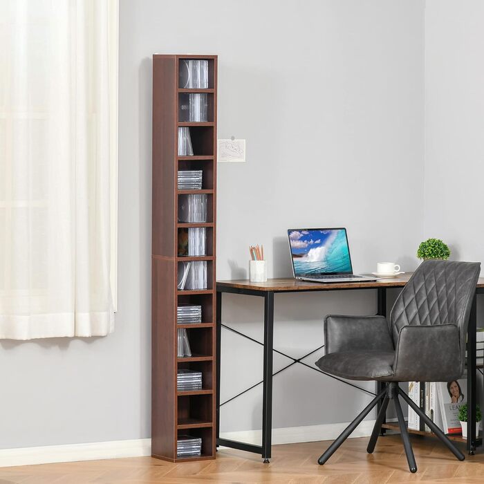 Стелаж HOMCOM для зберігання CD та DVD, 12 секцій, до 204 дисків, 21x20x175 см, коричневий