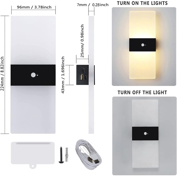 LED-лампа на батарейках VOMI з датчиком руху для дому, акрил, USB-зарядка, 4000mAh, для коридору та сходищ, 2 штуки, тепле світло (сенсор 3000k)