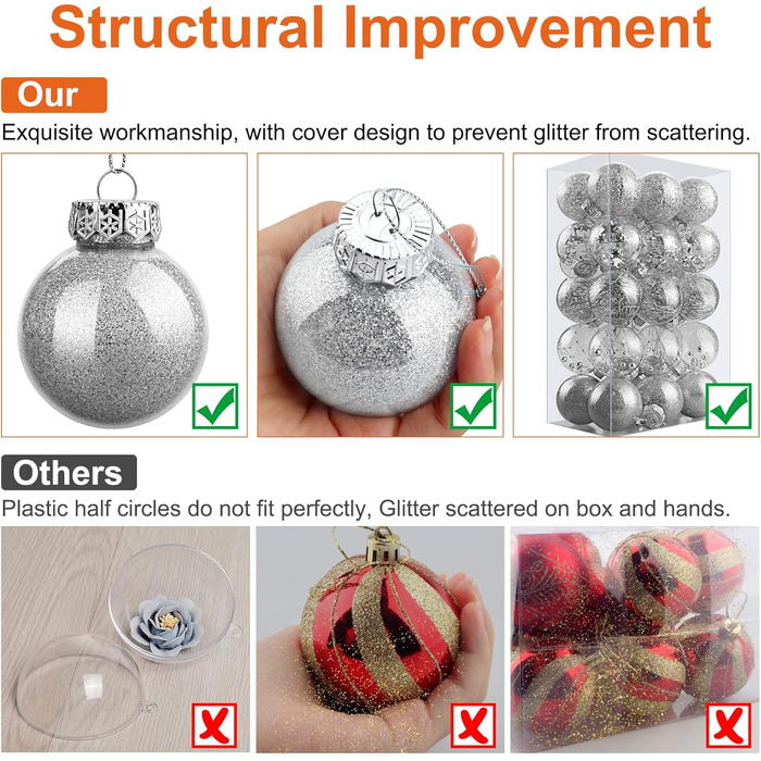 Шарм-кулі для ялинки, пластикові, срібні, 6 см, набір 30 шт. з петелькою