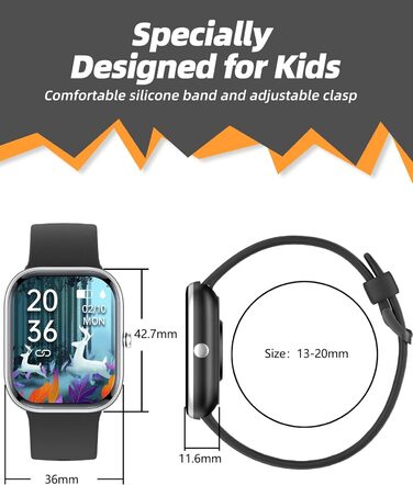 Дитячий розумний годинник Kinder Smartwatch для хлопчиків та дівчаток. Водонепроникний фітнес-трекер IP68, моніторинг серцевого ритму та сну, 19 спортивних режимів, крокомір, будильник. Подарунок для дітей від 5 років. Чорний колір.