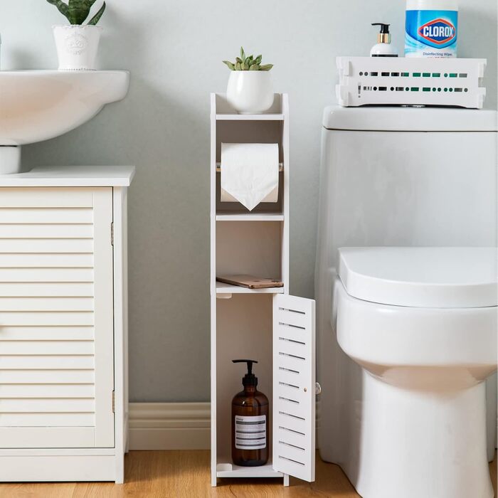 PVC Toilet Paper Holder with Brush - 2-in-1 Bathroom Cabinet - White, 76cm Tall with Roller