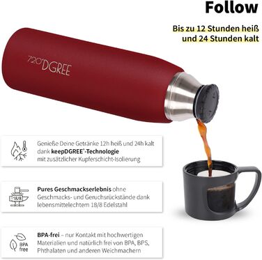 Термос 720°DGREE Thermoskanne 'Follow' 1л з чашкою, 12 год гарячий, 24 год холодний, не протікає, без BPA, з нержавіючої сталі, ізотермічна пляшка для кави, чаю, роботи, школи, в дорогу, 1000 мл, Imperial Red, матове покриття, червоний