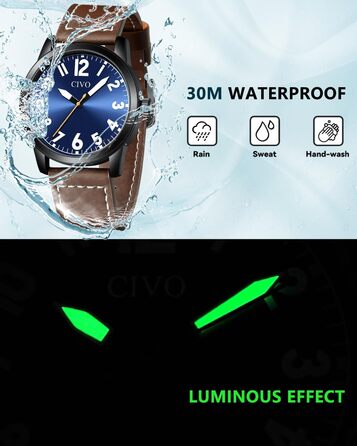 Годинник чоловічий CIVO з великими цифрами: аналоговий класичний годинник на зап'ясті з великими цифрами - водонепроникний кварцовий годинник у стилі мілітарі для чоловіків з підсвічуванням - подарунок для чоловіків, людей похилого віку з поганим зором, коричневий A1
