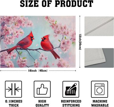 Giwawa Placemats with Spring Birds, 30.5 x 45.7 cm, red bird, cherry blossoms, floral pattern, stain-resistant, heat-resistant, linen, placemats for kitchen, dining table, seasonal party, indoor and