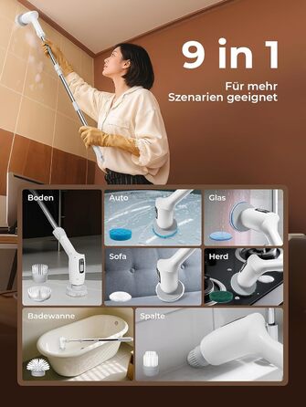 Електрична щітка для прибирання 9 в 1 з набором насадок, 70 хв зарядки, для ванної, плитки, авто, біла