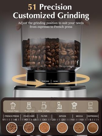 Електрична кавомолка Homtone для еспресо та френч-прес, 51 ступінь помолу, нержавіюча сталь, LCD-дисплей, 165W