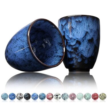 Келихи для кави Ganzoo з кераміки, дизайн - чашки без ручки 200 мл, набір 2 шт, для чаю та кави, сучасний дизайн, кольорові унікати (Кобальт)