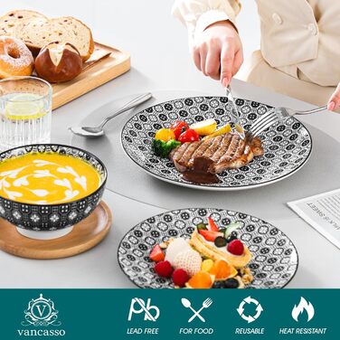 Набір посуду Vancasso Haruka 16 предметів: тарілки для їжі (26.5 см), десертні тарілки (21.5 см), миски для каші (15.2 см) та чашки (360 мл) чорного та кремового кольорів