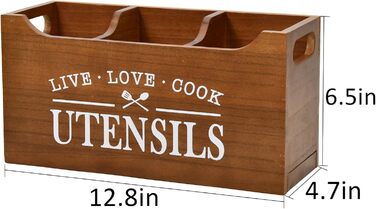 Karisky Kitchen Utensil Holder with Drainage Bottom, Large 3-Compartment Solid Real Wood Utensil Organizer for Countertop, Cooking Tools for Farmhouse Kitchens, Brown