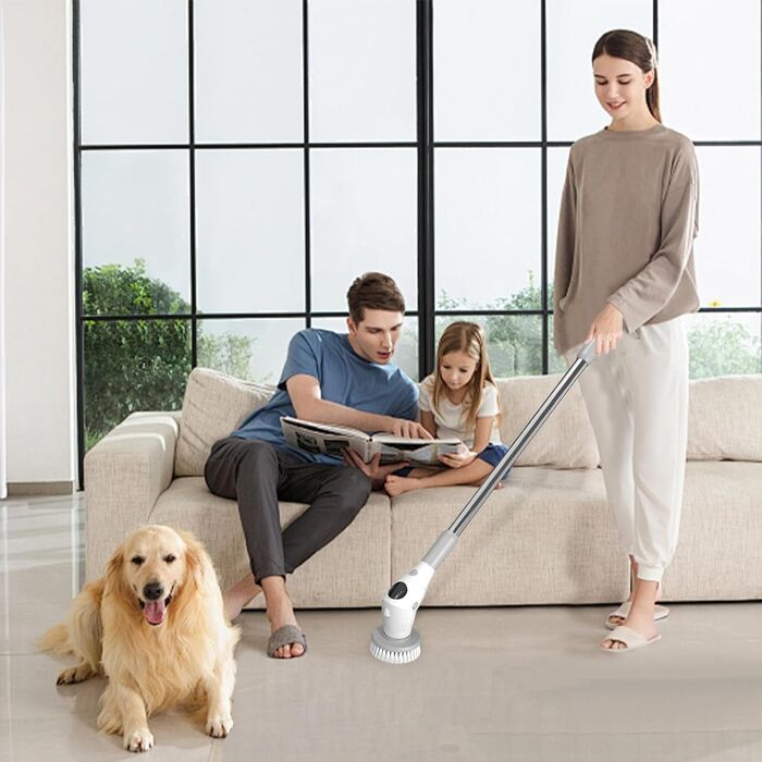 Electric Cleaning Brush, Electric Spin Scrubber Cordless with 8 Replaceable Brush Heads, 3 Speed, Adjustable Handle, LED Screen Electric Brush for Bathroom, Kitchen, Car, Tiles (Gray and White)