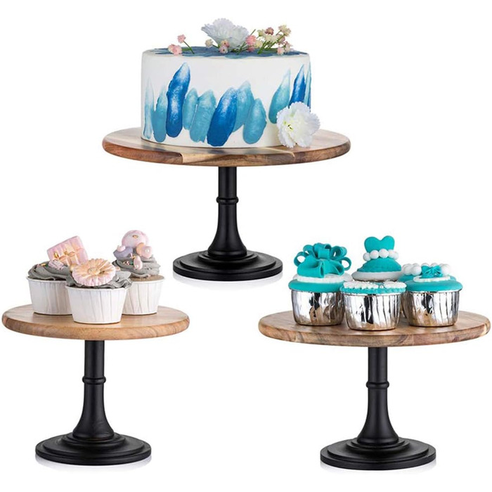 Дзеркальна підставка для тортів NUPTIO, 3 шт: дерев'яна, для весілля, дня народження, дитячого свята, кексів, чаювання. Чорний колір.