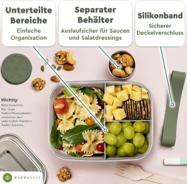 Бенто-бокс Everusely 0.8L з нержавіючої сталі з контейнером для спецій та органайзером для перекусів (3 відділення)