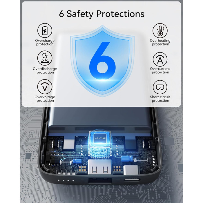 Power Bank VOLTME 10000mAh з USB C та USB A, PD3.0, LED-дисплеєм. Сумісний з iPhone, iPad, Samsung, Huawei, чорний