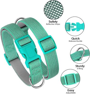 Відбиваючий нашийник для собак Didog з пряжкою, регульований, м'який неопрен, з підкладкою, нейлон, для маленьких, середніх та великих собак, зелений, L: обхват шиї 33-56 см
