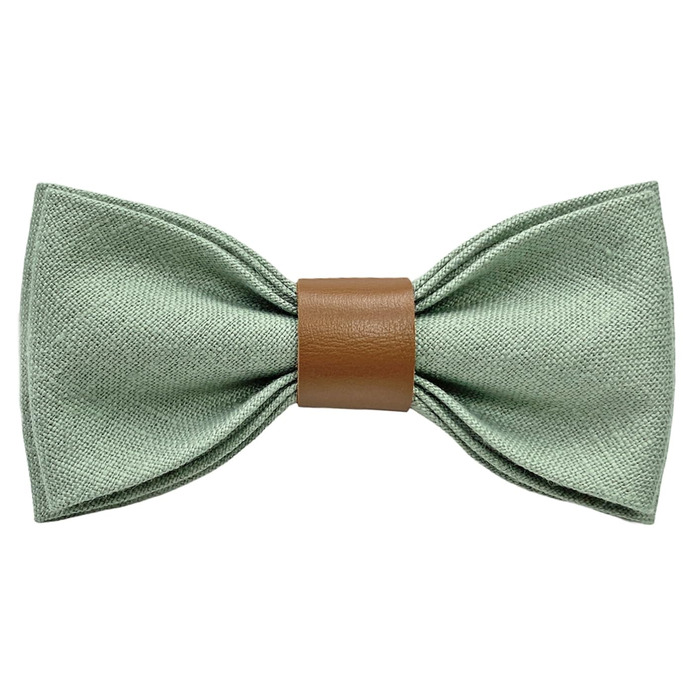 Набір чоловічих аксесуарів Leinen: краватка-метелик зі шкіри, підтяжки зі шкіри, нагрудна хустка, запонки - світло-зелений