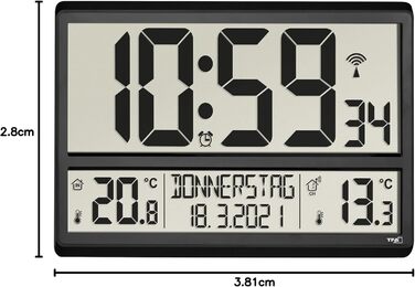 TFA Dostmann Digital XL Wall Clock, 60.4521.01, with outdoor temperature, indoor temperature, weekday (8 languages), radio clock, date, black, (L) 360 x (W) 235 x (H) 28 (84) mm