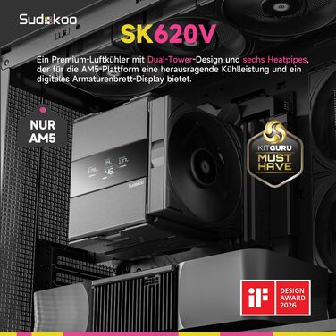 Кулер для процесора Sudokoo SK620V AM5: двосекційний башта (Dual Tower) з цифровим дисплеєм, 6 тепловими трубками та 2 PWM FDB вентиляторами 120мм