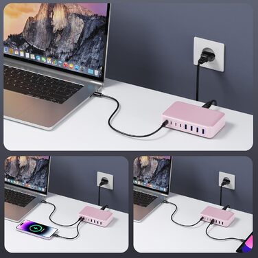 Зарядний пристрій Feob USB-C GaN III 8-Port 200W PPS PD 65W – для MacBook, iPhone, Steam Deck, смартфонів (Рожевий)