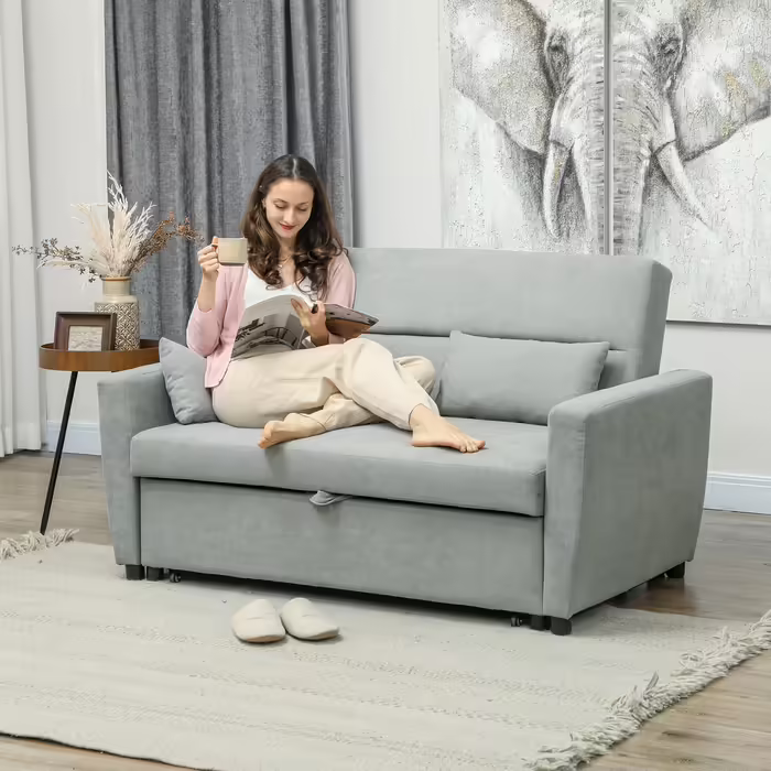 HOMCOM Sleeper Sofa, 2-Seater Sofa Bed with Sleeping Function, Adjustable Backrest, Couch with Cushions, Velvet Look, Sleeper Sofa with Storage Box for Living Room, Guest Room, Light Grey | Aosom