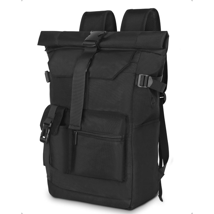 Roll-Top Backpack Waterproof, 27L Large Backpack Men Women, School Backpack with 17.3 Inch Laptop Compartment, Travel Backpack Hiking Backpack for Business Work College Travel Leisure (Black)