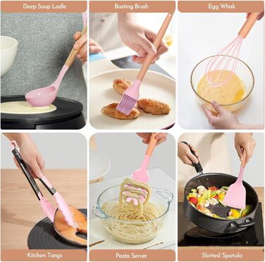 Набір кухонних аксесуарів Howephofly: 23 штуки з силікону, антипригарні, з дерев'яними ручками, включає гачки, рожевий колір