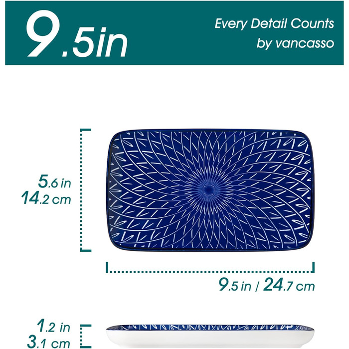Набір сервірувальних тарілок Vancasso SELENE (6 шт.) - великі, прямокутні, порцелянові, для свят, сніданків, фуршетів, сирної тарілки, мікрохвильова піч та посудомийна машина, блакитно-білі