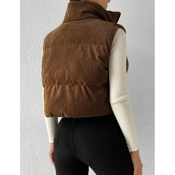 Жіноча жилетка Gihuo з наповнювачем Cord, кроп-силует, комір-стійка, на блискавці, без рукавів, коричнева