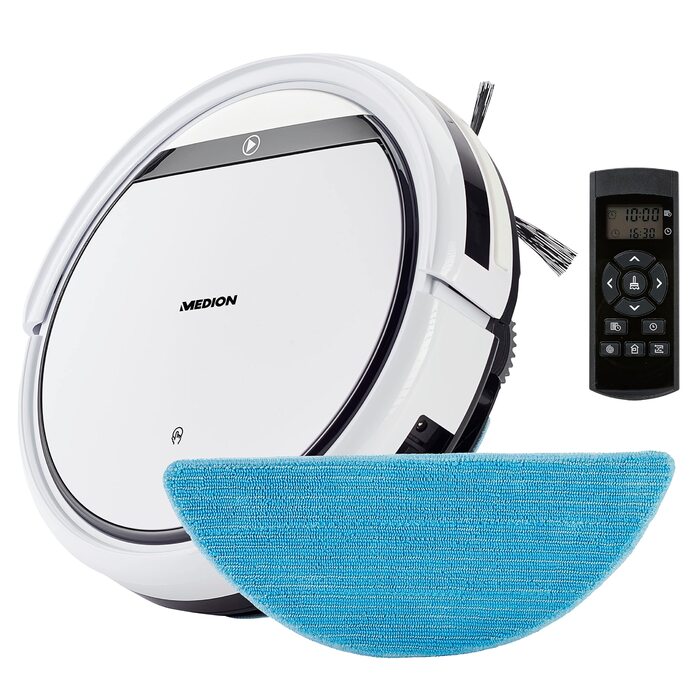 Робот-пилосос MEDION E32 SW з функцією миття підлоги (2в1) | Для твердих поверхонь, видалення шерсті тварин, підходить для алергіків | З пультом дистанційного керування, станція зарядки | Модель 2021 | Час роботи: 120 хв