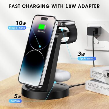 Зарядна станція 3 в 1 для iPhone з бездротовою зарядкою, 18W, сумісна з Apple iPhone 16, 15, 14, 13, 12, 11, X, Pro, Max, Apple Watch та AirPods, чорна