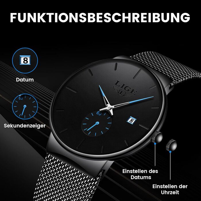 Годинник чоловічий LIGE Retro з нержавіючої сталі, водонепроникні, аналогові, кварцові, з датою, стильні, для бізнесу та повсякденного носіння, чорний / синій