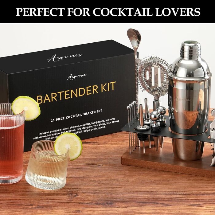 Набір бармена 23 предмети: шейкер, сито, ложка, мадлер, барні інструменти для дому, бару, вечірки (колір: коричневий)