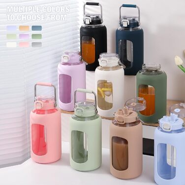 BLUEGO 2500ml Glass Drinking Bottle with Stainless Steel Handle, 2.5L Large Water Bottle with Time Markers and Silicone Sleeve, Half Gallon Water Jug, BPA-Free for Sports, Daily Use, Light Green