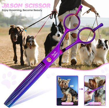 Професійна вигнута ножиця для собак JASON - 7,5' ножиця для грумінгу собак з японської нержавіючої сталі. Ножиці для догляду за шерстю собак та котів (вигнуті, фіолетові) (тонке розрідження)