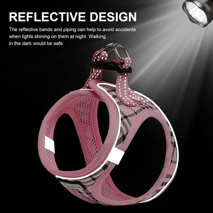 Шлейка для собак Suredoo для маленьких та середніх порід, антинатяжна, дихаюча, з повідком (рожевий в клітинку)