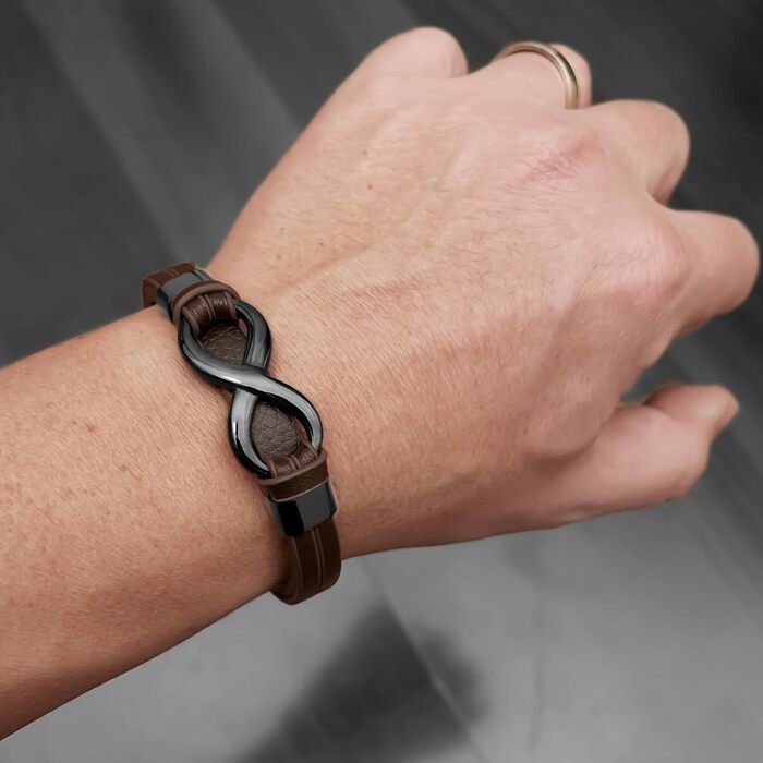 Браслет шкіряний чоловічий UNIQAL 'INFINITY' з нержавіючої сталі та натуральної шкіри чорно-коричневий, 21 см + подарункова коробка