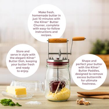 Kilner Butter Churn Glass with Hand Crank, make delicious butter yourself in just 10 minutes, with silicone stirrer, 1L, incl. instructions and recipes, also for herb butter, garlic butter, etc., 27 cm tall