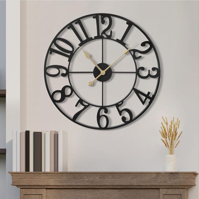Maxstar Modern Roman Numeral Large Wall Clocks, Non-Ticking Round Metal Silent Vintage Wall Clock for Living Room, Kitchen, Bedroom, Garden Decor - Gold (Black Arabic, 40CM)
